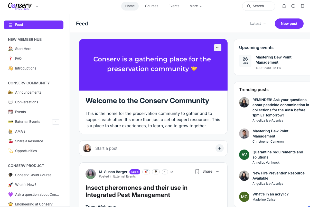 This screenshot shows the layout of the Conserv Community, which is free to join